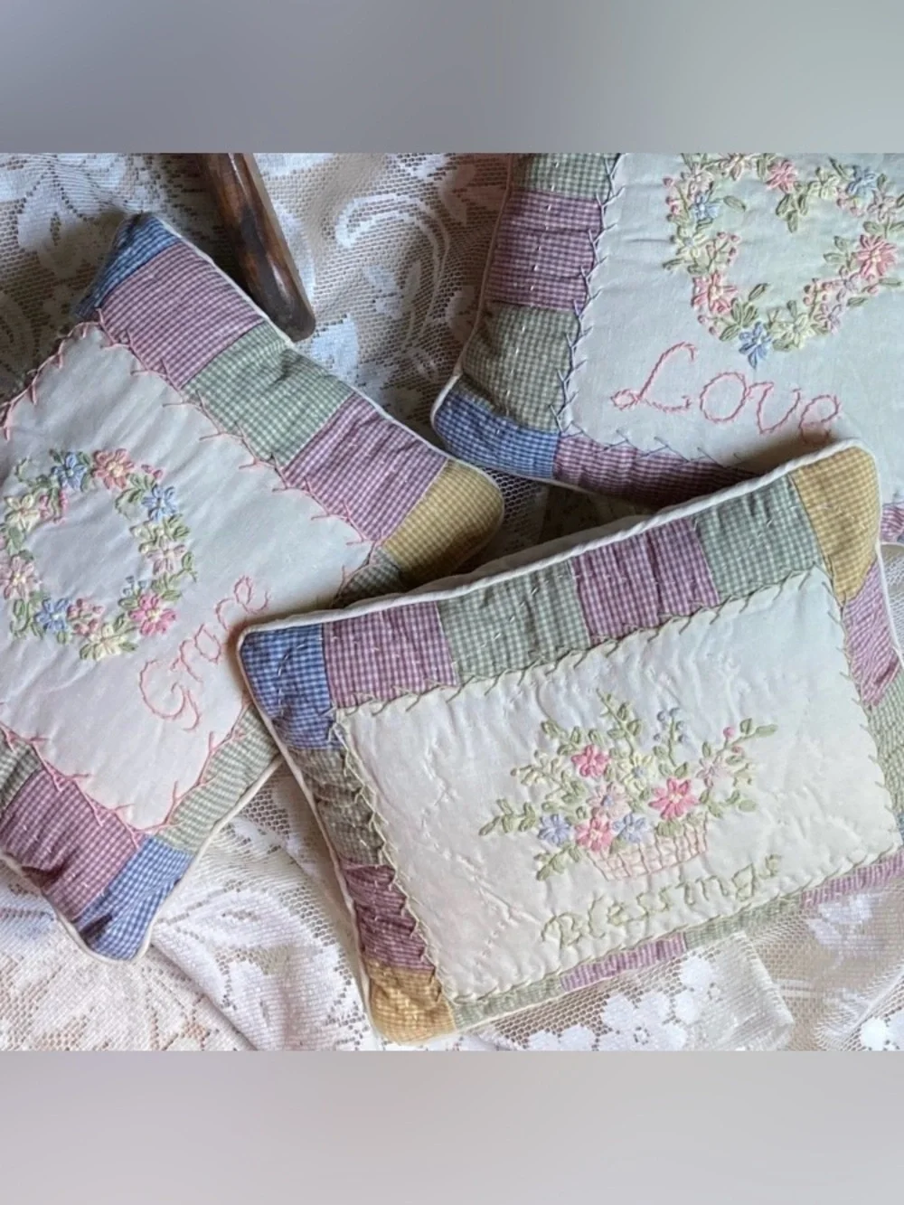 Set of 3 Primitive Quilted Embroidered Pastel Patchwork Decorative Pillows 9”x8”